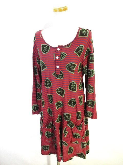 ネネット Ne Net ワンピース ニット ひざ丈 長袖 ボーダー パイル総柄 赤 レッド 2 レディース 146 ベクトルパーク