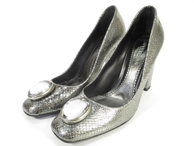 ジルスチュアート Jill Stuart 美品 パンプス チャンキーヒール ハイヒール スクエアトゥ 靴 レザー 型押し ビジュー 37 23 5cm シルバー 銀色 レディース 146 ベクトルパーク