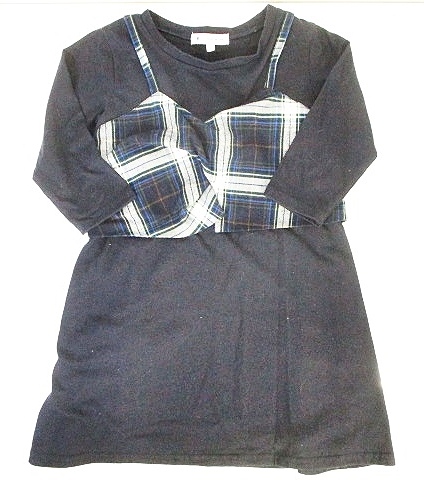 グローバルワーク Global Work ワンピース ミニ 七分袖 レイヤード風 ネイビー チェック L キッズ 146 ベクトルパーク