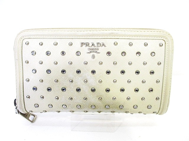 プラダ PRADA ラウンドジップ レザー 長財布 スタッズ ラインストーン 