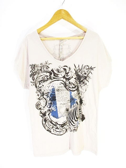 未使用品 カーライフ Carlife Vネック Tシャツ カットソー 半袖 イラスト ロゴ ピンク ベージュ レディース 146 ベクトルパーク