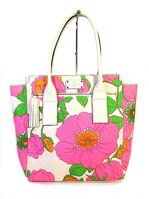 ケイトスペード KATE SPADE キャンバス トート バッグ 花 柄 アイボリー ピンク レディース