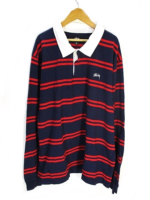ステューシー STUSSY ボーダー ポロ シャツ 長袖 レッド 赤 ネイビー 