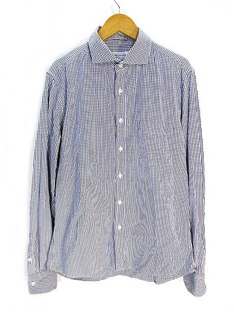 ナノユニバース Nano Universe ギンガム チェック 柄 カジュアル シャツ 長袖 ブルー 青 Size L Zx メンズ 146 ベクトルパーク