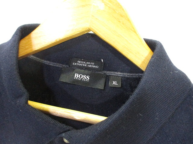 ヒューゴボス HUGO BOSS ニット ポロシャツ 長袖 無地 紺