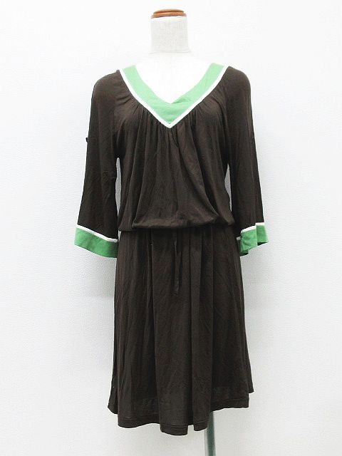 アイシービー Icb ワンピース チュニック ミニ バイカラー ギャザー タック ｖネック 五分袖 七分袖 茶 緑 ｓ 春秋 中古 151 ベクトルパーク