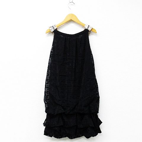 アクシーズファム Axes Femme ワンピース チュニック ノースリーブ ひざ丈 バルーン ティアード シフォン ドット柄 フリル ラインストーン 装飾 黒 ライトベージュ M レディース 151 ベクトルパーク