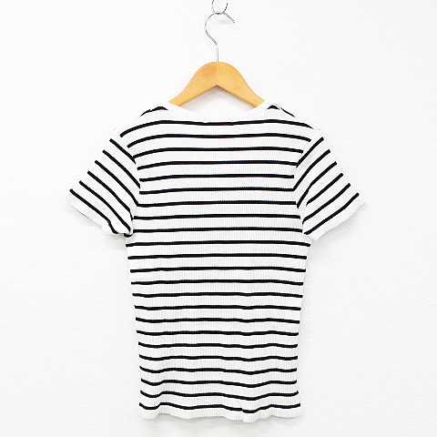 バックナンバー Back Number カットソー Tシャツ 半袖 Vネック ボーダー柄 リブ 裾スリット コットン混 オフホワイト 黒 M レディース 151 ベクトルパーク