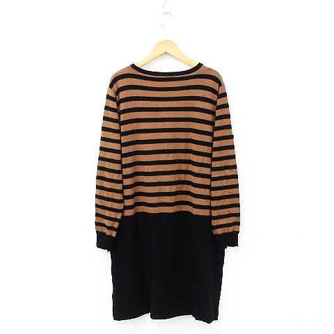 シューラルー Shoo La Rue ニット ワンピース チュニック 長袖 ひざ上丈 ボーダー柄 切替 スリット 黒 ベージュ L レディース 151 ベクトルパーク