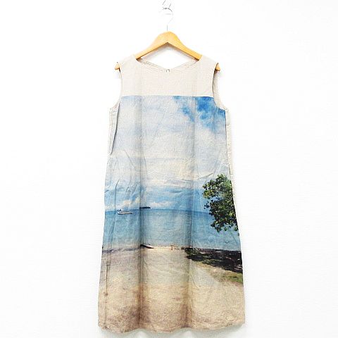 シャンブルドゥシャーム Chambre De Charme ワンピース チュニック ノースリーブ ひざ下丈 プリント コットン リネン混 ペールブラウン 薄青 緑 F レディース 151 ベクトルパーク