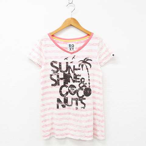ロキシー Roxy Tシャツ チュニック 半袖 Vネック ボーダー柄 英字 ロゴ プリント コットン オフホワイト ピンク ダークブラウン M レディース 151 ベクトルパーク