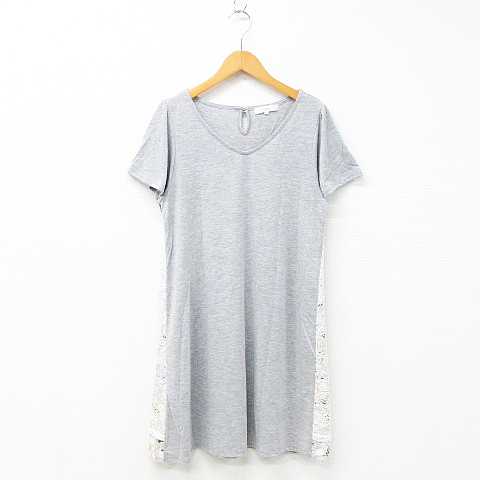 グローブ Grove Tシャツワンピース チュニック 半袖 ミニ丈 Vネック 花柄 レース 切替 薄手 グレー オフホワイト マルチカラー L レディース 151 ベクトルパーク