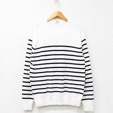 ユニクロ Uniqlo ニット カットソー トップス 長袖 クルーネック ボーダー コットン 白 黒 L レディース 151 ベクトルパーク