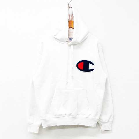チャンピオン Champion パーカー スウェット 長袖 ロゴ ワッペン 刺繍 裏起毛 フード付き コットン混 白 青赤 Medium メンズ 151 ベクトルパーク