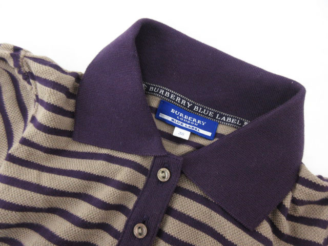 バーバリーブルーレーベル BURBERRY BLUE LABEL ポロシャツ ニット ボーダー 半袖 コットン 38 紫 パープル 国内正規 aky  レディース