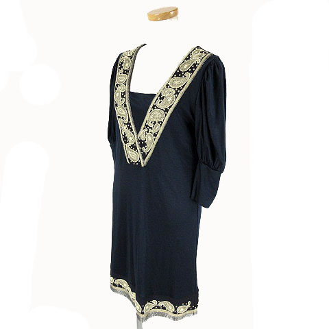 グレースコンチネンタル Grace Continental ワンピース 七分袖 ひざ丈 ビーズ 刺繍 日本製 ネイビー ゴールド 36 ペイズリー レディース 155 ベクトルパーク