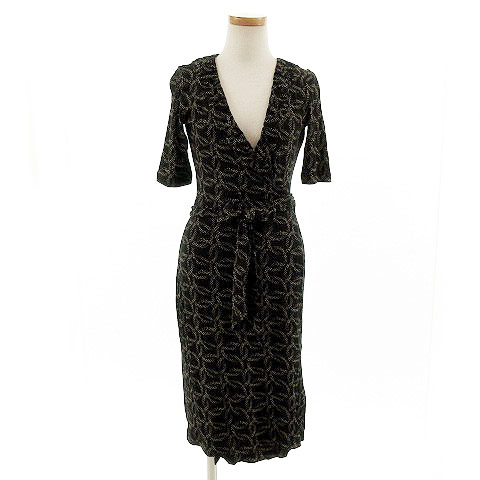 バナナリパブリック Banana Republic ワンピース 五分袖 ミディ丈 リボン 総柄 ブラック 黒 グレー Xs レディース 155 ベクトルパーク