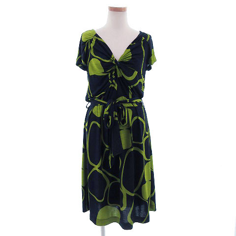 バーニーズニューヨーク Barneys New York ワンピース ひざ丈 半袖 総柄 ネイビー 紺 グリーン 緑 M レディース 155 ベクトルパーク