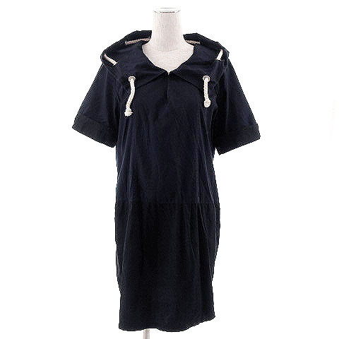 ジーナシス Jeanasis ワンピース 半袖 ひざ丈 フーデッド バイカラー ネイビー 紺 ブラック 黒 F レディース 155 ベクトルパーク