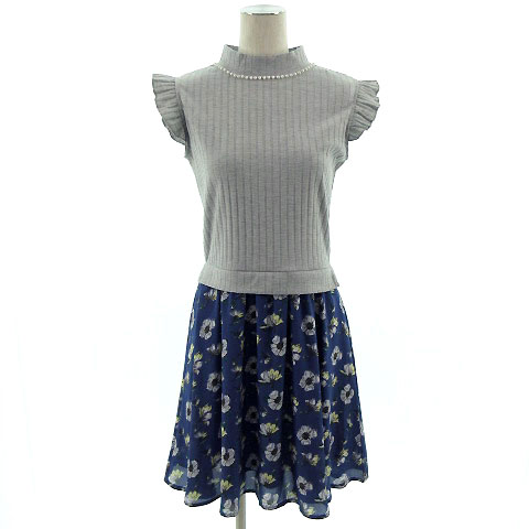 ジ エンポリアム The Emporium ワンピース ひざ丈 ノースリーブ ニット切替 花柄 グレー 青 M レディース 155 ベクトルパーク