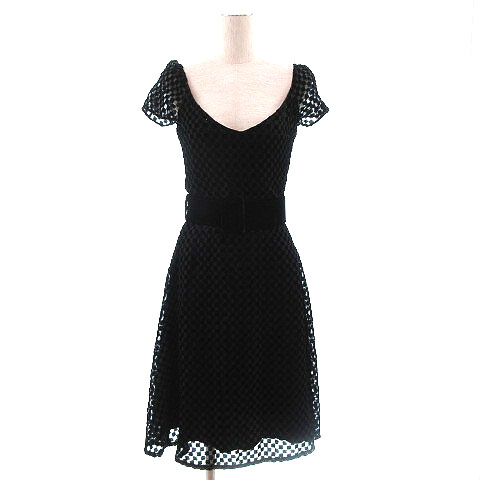 エンポリオアルマーニ Emporio Armani ワンピース パーティー 半袖 ミディ丈 サッシュベルト ラメ ブロックチェック シースルー ベロア ブラック 黒 36 レディース 155 ベクトルパーク