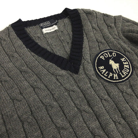 ポロ バイ ラルフローレン Polo By Ralph Lauren ニット セーター 長袖 Vネック 厚手 ワッペン ウール グレー ネイビー 紺 M メンズ 155 ベクトルパーク