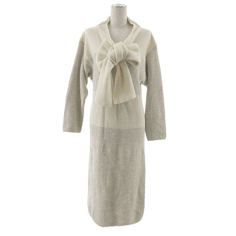 アイスバーグ Iceberg ワンピース 長袖 ミモレ丈 ニット リボン アンゴラ混 イタリア製 ボーダー オフ白 ベージュ 38 レディース 155 ベクトルパーク