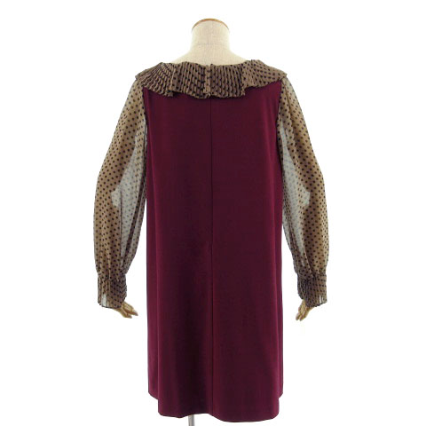 バービー Barbie ワンピース ひざ丈 長袖 袖シースルー ドット 水玉 リボン エンジ 茶 M レディース 155 ベクトルパーク