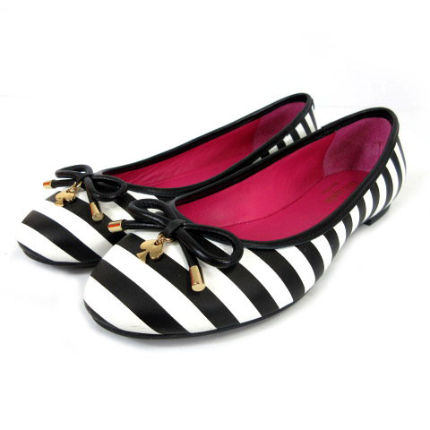 未使用品 ケイトスペード Kate Spade バレエシューズ フラットシューズ リボン レザー ボーダー ブラック 黒 ホワイト 白 6 レディース 155 ベクトルパーク