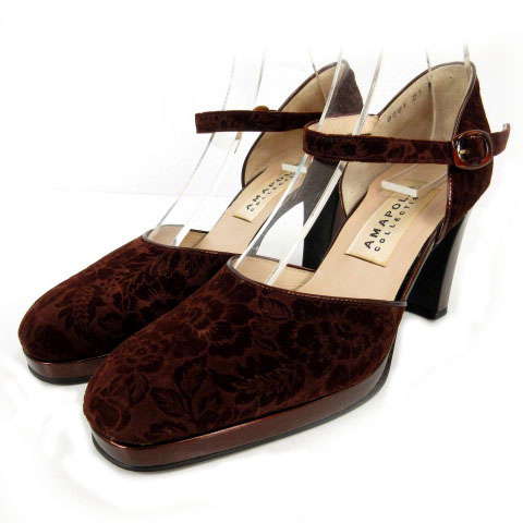 未使用品 アマポーラ Amapola パンプス ストラップ ベロア 日本製 総柄 花柄 ブラウン 茶 23 Ee レディース 155 ベクトルパーク