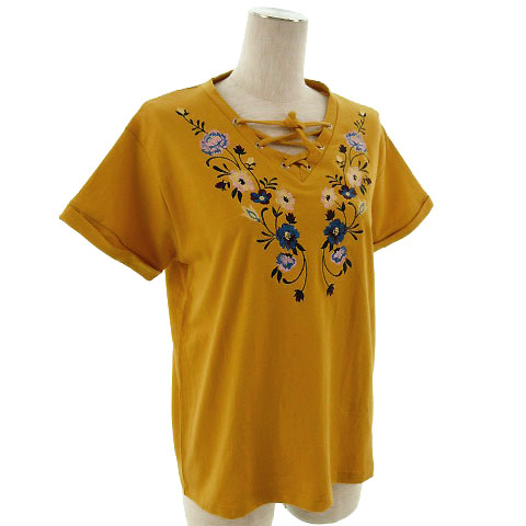 未使用品 エムズエキサイト Emsexcite カットソー 半袖 花柄 刺繍 イエロー系 マスタード M レディース 155 ベクトルパーク