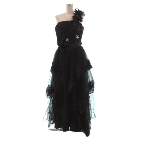 Ichioku ドレス カラードレス ワンピース ロング丈 コサージュ ビジュー ビーズ レース チュール ブラック 黒 レディース 155 ベクトルパーク