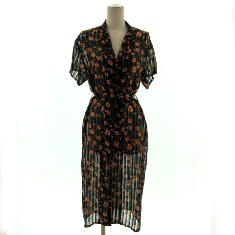 エモダ Emoda ワンピース 半袖 ミモレ丈 羽織れるワンピース シースルー 花柄 ネイビー 紺 オレンジ系 グリーン 緑 F レディース 155 ベクトルパーク