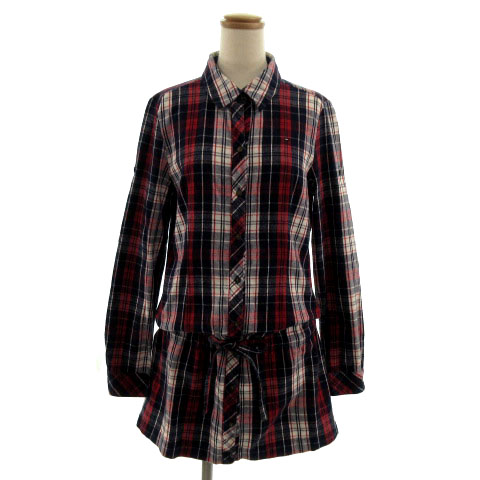 トミーガール Tommy Girl ワンピース シャツワンピース 長袖 ひざ丈 ロゴ 刺繍 リボン チェック ネイビー 紺 ホワイト 白 レッド 赤 S レディース 155 ベクトルパーク