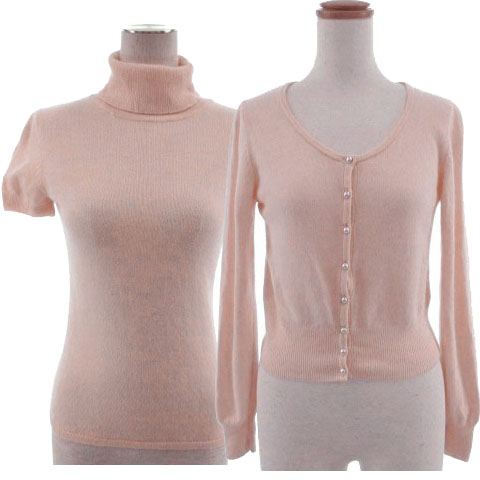 クイーンズコート Queens Court アンサンブルニット セットアップ カーディガン パールボタン 長袖 ニット タートルネック 半袖 カシミヤ混 ピンク 2 レディース 155 ベクトルパーク
