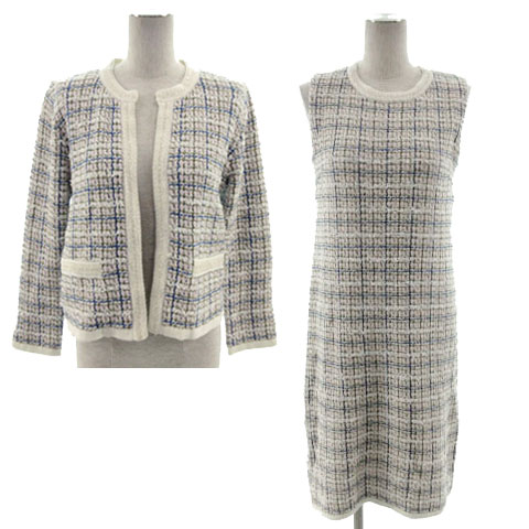 未使用品 ドゥクラッセ Doclasse セットアップ フォーマル セレモニー ジャケット ノーカラー ワンピース ノースリーブ ひざ丈 アンダードレス付き 日本製 ツイード ホワイト 白 ピンク ブルー 青 イエロー 黄色 ブラック 黒 L レディース 155 ベクトルパーク