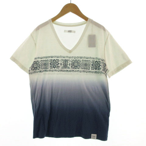 アズールバイマウジー Azul By Moussy Tシャツ 半袖 Vネック グラデーション 総柄 プリント アイボリー ブルー系 青系 S メンズ 155 ベクトルパーク