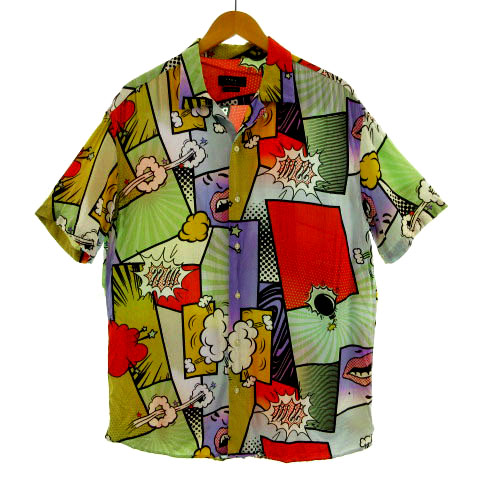 ザラ Zara シャツ 半袖 オープンカラー アメコミ プリント マルチカラー イエロー 黄 レッド 赤 M メンズ 155 ベクトルパーク