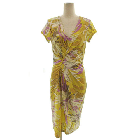 フィフィーユ Fifilles ワンピース ミディ丈 タイト 半袖 Vネック ギャザー 花柄 イエロー 黄 パープル 紫 ブラウン 茶 ベージュ オフ白 T1 レディース 155 ベクトルパーク