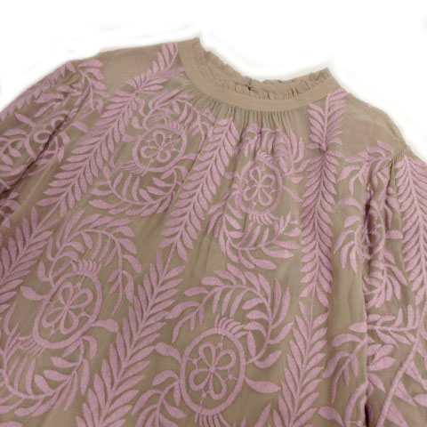 グレースコンチネンタル GRACE CONTINENTAL ワンピース 長袖 ひざ丈 リーフ刺繍 シースルー インナー付き ベージュ パープル 紫 36 レディース