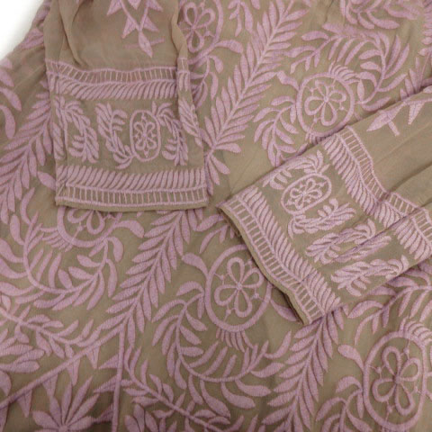 グレースコンチネンタル GRACE CONTINENTAL ワンピース 長袖 ひざ丈 リーフ刺繍 シースルー インナー付き ベージュ パープル 紫 36 レディース