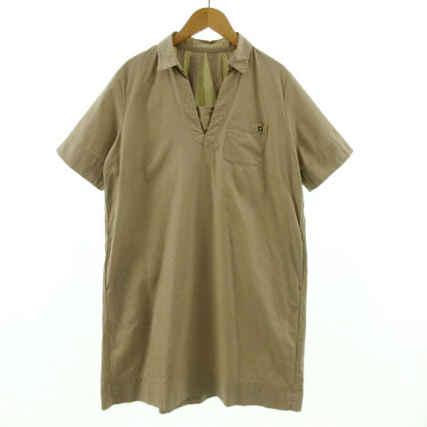 アーノルドパーマー Arnold Palmer ワンピース 半袖 ミディ丈 シャツワンピース スキッパーカラー プルオーバー ロゴ刺繍 コットン ベージュ 2 レディース 155 ベクトルパーク