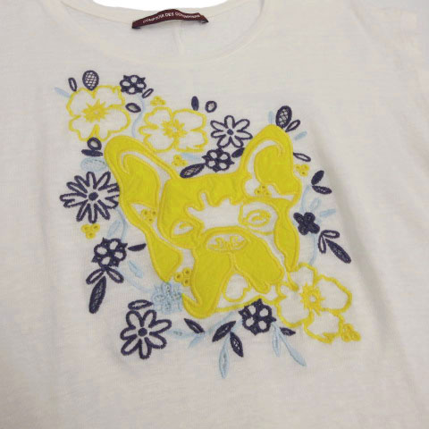 コントワーデコトニエ COMPTOIR DES COTONNIERS カットソー フレンチスリーブ 半袖 刺繍 フレンチブルドッグ 花 リネン オフ白 イエロー 黄 ブルー 青 7 レディース