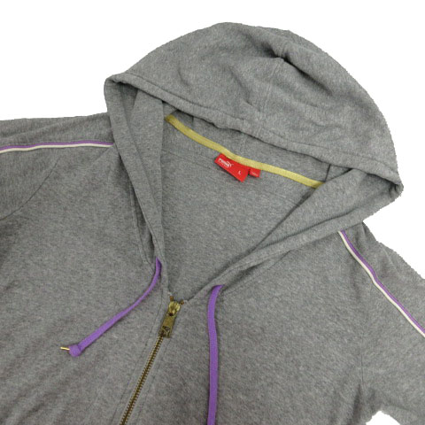 プーマ PUMA パーカー 七分袖 ロゴ刺繍 ライン コットン混 グレー 