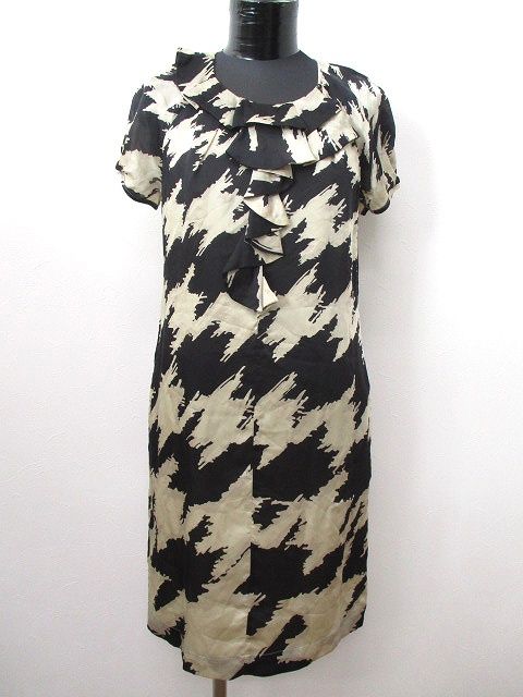 バナナリパブリック Banana Republic 総柄 ひざ丈 半袖 ワンピース カットソー フリル 2 黒 ベージュ レディース R レディース 159 ベクトルパーク