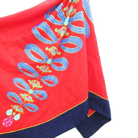 カルティエ Cartier マスト 宝石柄 総柄 スカーフ シルク レッド ブルー レディース 中古カルティエ Cartier must de cartier マストライン スカーフ 絹