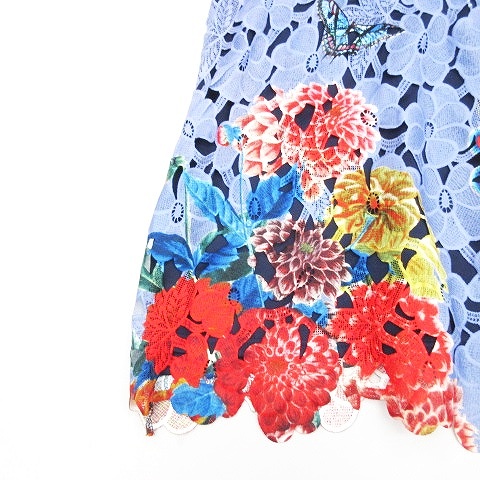 101 IDEES ノースリーブ 総レース ワンピース 花柄 L/XL ブルー系 