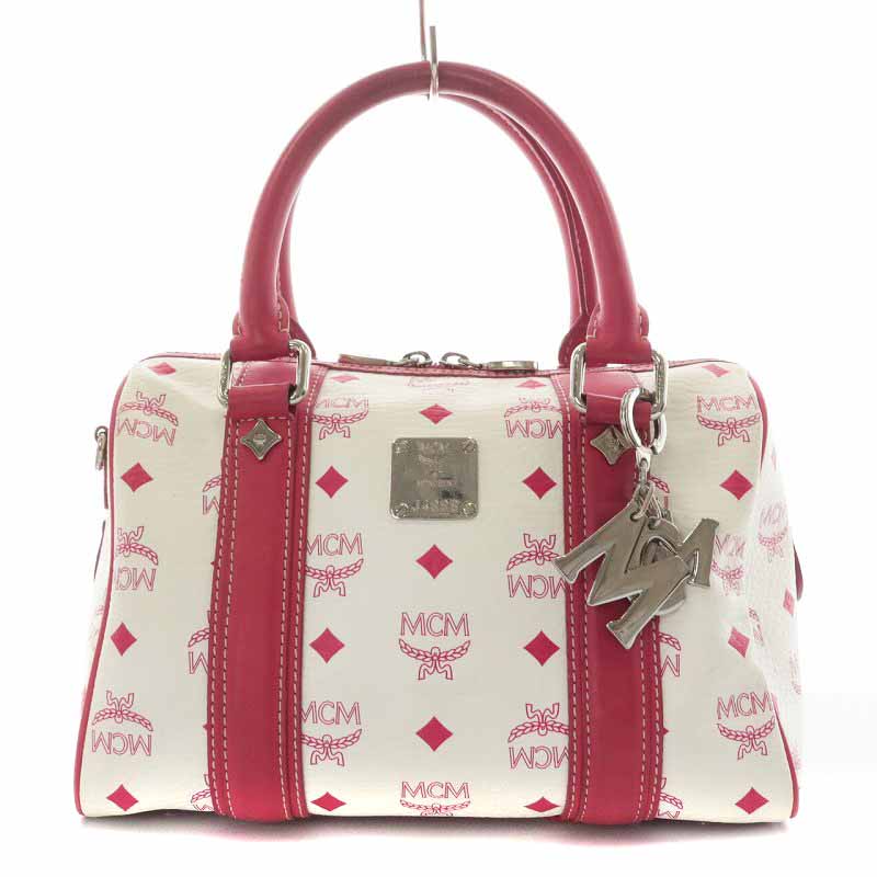 エムシーエム MCM ミニボストンバッグ 総柄 ロゴ レザー 赤 レッド 白  