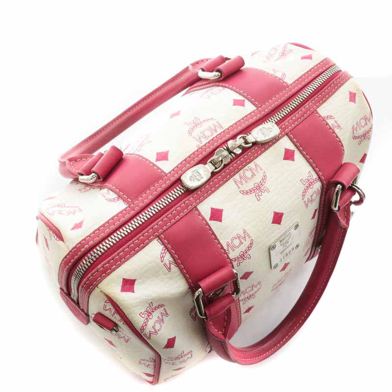 エムシーエム MCM ミニボストンバッグ 総柄 ロゴ レザー 赤 レッド 白  