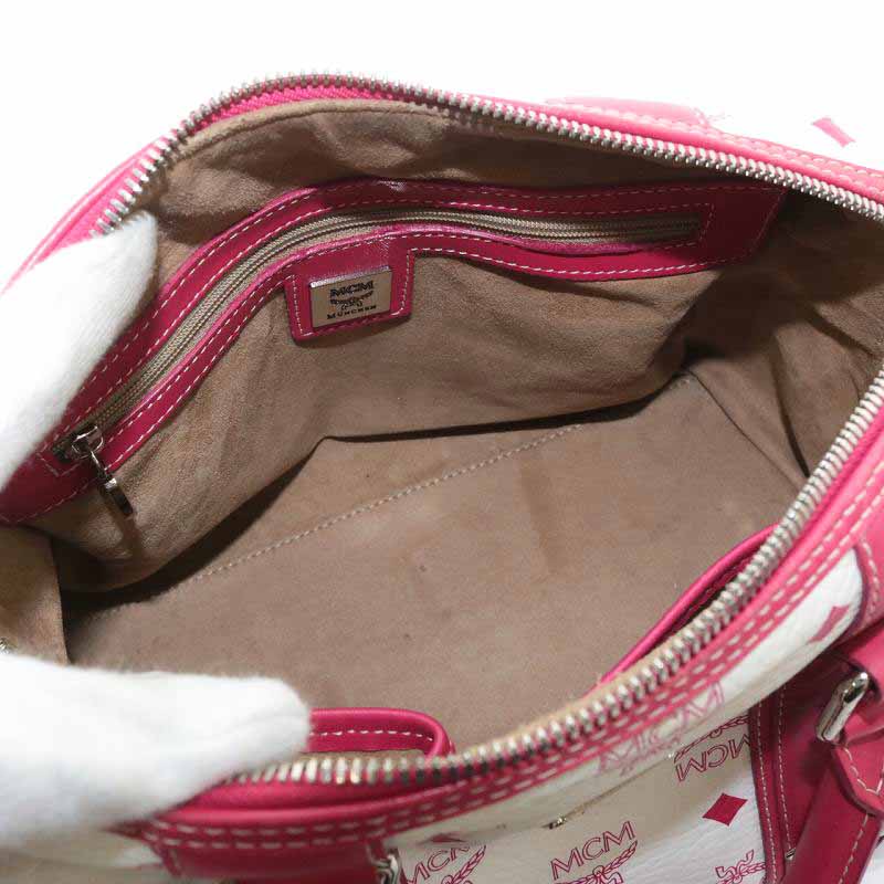 エムシーエム MCM ミニボストンバッグ 総柄 ロゴ レザー 赤 レッド 白  